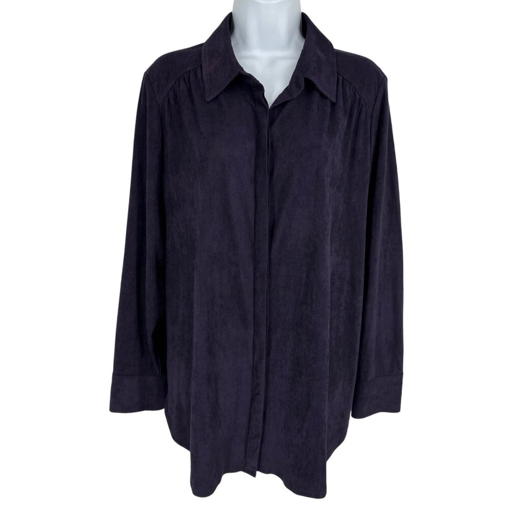 Chico's Plum Purple Microfiber Long Sleeve Button Front Stretch Blouse Sz 2 US L